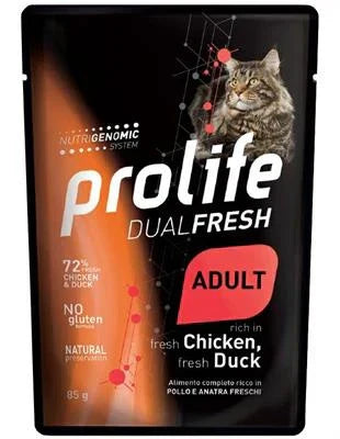 Cibo Umido Per Gatti PROLIFE CAT UM DUAL BUSTE POLLO/ANATRA 12 X GR 85 NEW