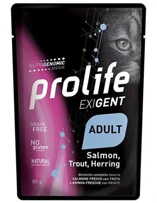 Cibo Umido Per Gatti PROLIFE CAT UM EXIGENT BUSTE SALMONE/TROTA/ARINGA 12 X GR 85 NEW